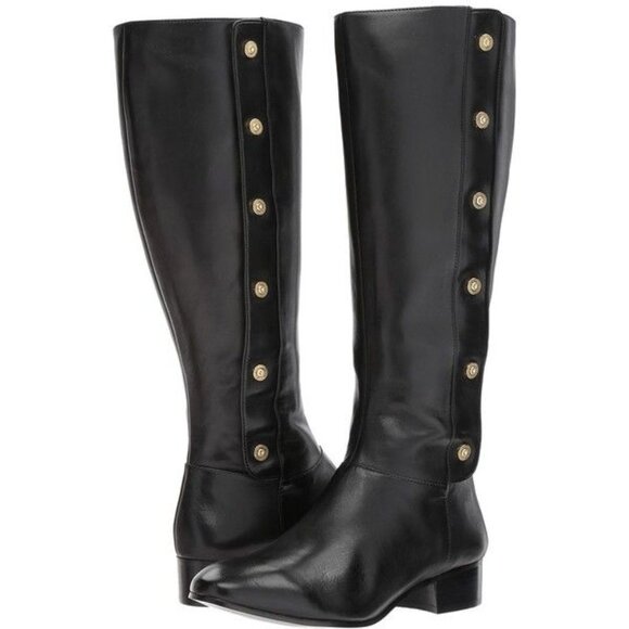NEW NINE WEST‎ $170 TALL CREYAN LEATHER GOLD ACCENT BLACK BOOTS SZ 6.5 - Picture 1 of 6
